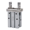 Compact aluminum gripper with dual jaws and IP65-rated seals, designed for precision handling in dusty or humid environments